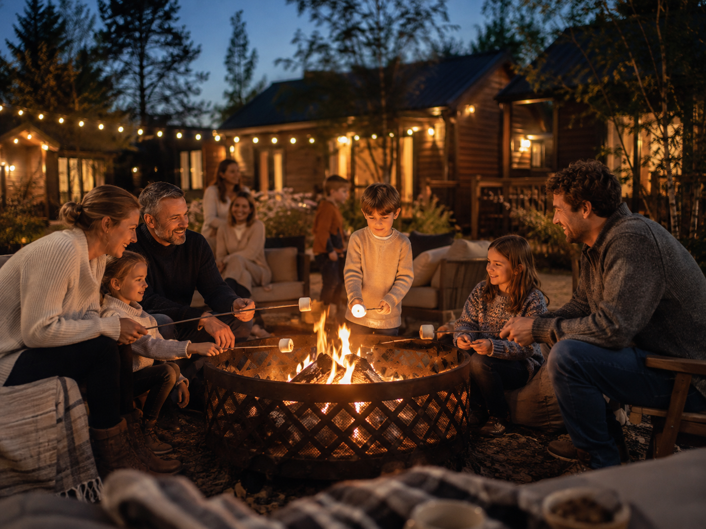 Soirée autour d'un feu dans un domaine de cottages