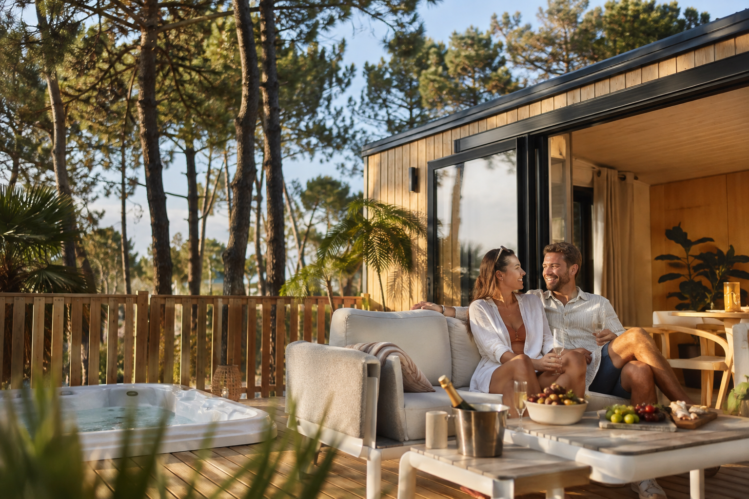 Couple profitant de la terrasse et du spa privatif d'un cottage premium en Provence